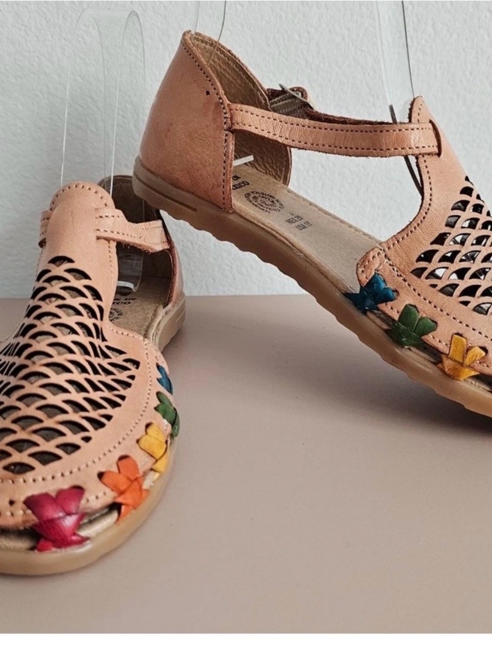 Peach Leather Cutout Sandals with Rainbow Stitching huaraches Mexican #7